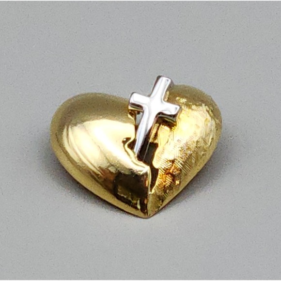 The Unbranded Brand Jewelry - Gold Textured Separated Two Half Broken Heart Brooch With Silver Cross 1"